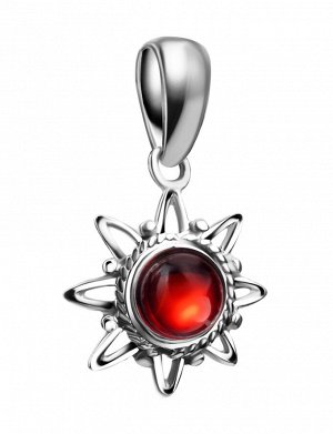 Маленький ажурный кулон «Гелиос» из серебра с янтарём вишнёвого цвета, 901702122