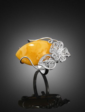 Роскошное серебряное кольцо с вставкой из натурального медового янтаря «Филигрань», 906301069