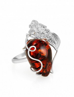 Серебряное кольцо с натуральным янтарем красивого вишневого цвета «Филигрань», 906301048