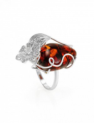Серебряное кольцо с натуральным янтарем красивого вишневого цвета «Филигрань», 906301048