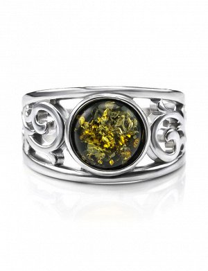 Роскошное серебряное кольцо с натуральным зелёным янтарём «Шахерезада»