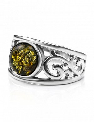 Роскошное серебряное кольцо с натуральным зелёным янтарём «Шахерезада»