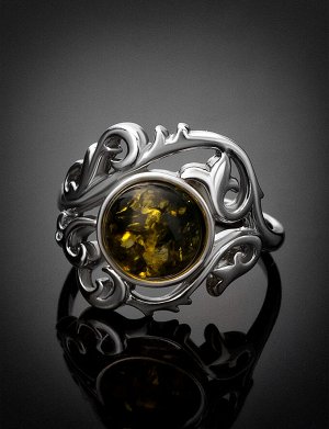 Изысканное кольцо «Кордова» из серебра с натуральным янтарём зелёного цвета
