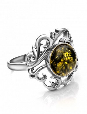 Изысканное кольцо «Кордова» из серебра с натуральным янтарём зелёного цвета