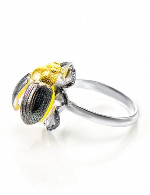 Эффектное кольцо из серебра и натурального балтийского янтаря медового цвета «Скарабей», 706305109