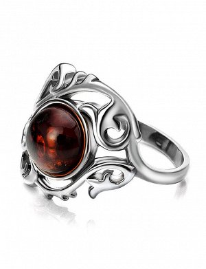 Яркое кольцо из серебра и натурального янтаря вишнёвого цвета «Кордова»
