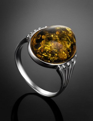 Крупный перстень классической формы из серебра с натуральным зелёным янтарём «Айседора», 906304577