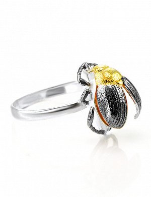 Стильное кольцо «Скарабей» из серебра и натурального балтийского коньячного янтаря, 706305111