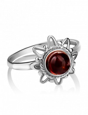 Миниатюрное кольцо из серебра с натуральным янтарём вишнёвого цвета «Гелиос»