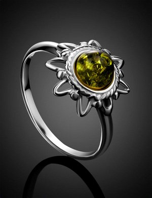 Тонкое кольцо из серебра и янтаря зелёного цвета «Гелиос»