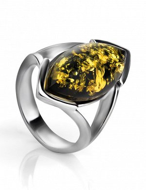Серебряное кольцо с натуральным цельным янтарём зелёного цвета «Маркиз»