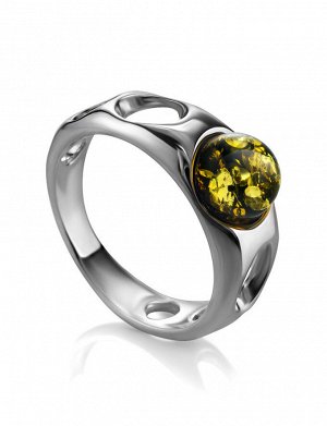 Стильное кольцо из серебра с натуральным зелёным янтарём «Энигма»