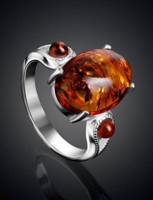 Серебряное кольцо с натуральным искрящимся коньячным янтарем «Стамбул»