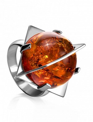 Оригинальное кольцо «Сатурн» из серебра и янтаря коньячного цвета