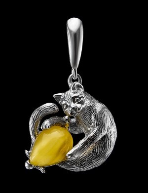 Серебряная подвеска «Кошки-мышки» с натуральным янтарём медового цвета, 601708117