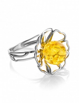 Нежное кольцо «Ромашка» из серебра и янтаря лимонного цвета, 806307162