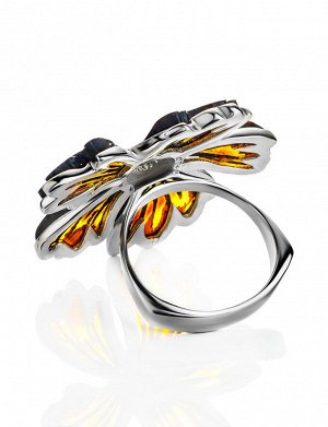 Замечательное кольцо в цветочной дизайне из серебра и янтаря «Апрель», 906304300