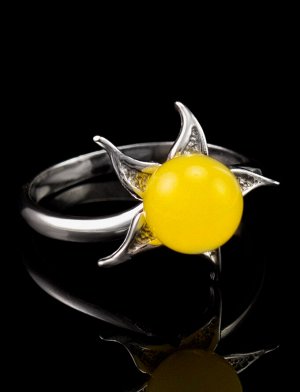 Лёгкое кольцо из серебра, украшенное медовым янтарём «Морошка», 606311293