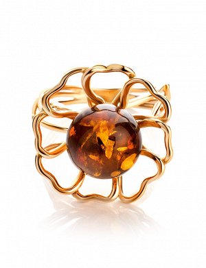 Красивое ажурное кольцо с коньячным янтарём «Ромашка»