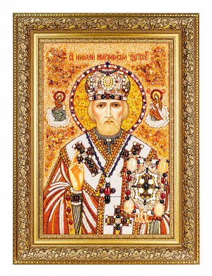 Большая икона «Святой Николай Чудотворец» из янтаря и самоцветов