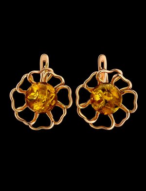 Серьги из серебра в золоте, украшенные лимонным янтарём «Ромашка», 810107172