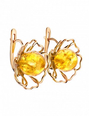 Серьги из серебра в золоте, украшенные лимонным янтарём «Ромашка», 810107172