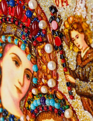 Страстная икона Божией Матери из янтаря с жемчугом и поделочными камнями, 906909372