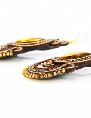 Ажурные удлиненные серьги с элементами плетения и вставками из натурального яркого коньячного янтаря «Индия», 5083211486