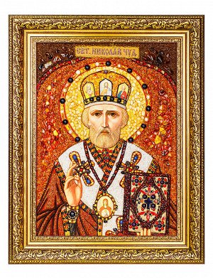 Икона «Святой Николай Чудотворец» из натурального янтаря и самоцветов, 706908231