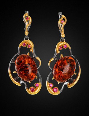 Роскошные серьги из янтаря красно-коньячного цвета в золочённом серебре «Помпадур», 810112070