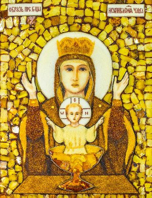 Икона Божией Матери «Неупиваемая чаша» из натурального янтаря в литой раме