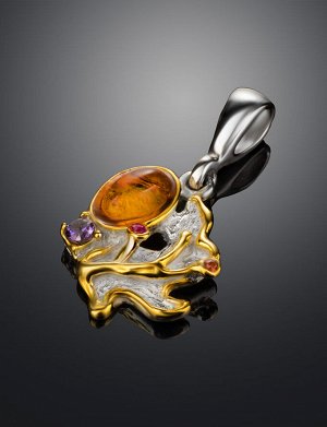 Яркий нарядный кулон «Беатриче» из серебра и натурального коньячного янтаря, 910210118