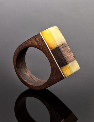 Необычное кольцо из древесины ипе и натурального янтаря «Индонезия», 808203224