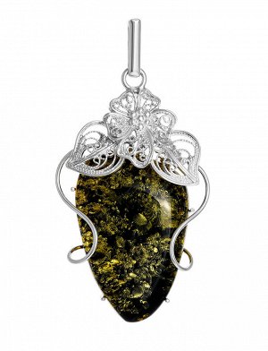 Крупная подвеска из натурального искрящегося янтаря зеленого цвета в серебре «Филигрань», 904507657