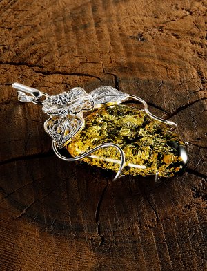 Крупная подвеска из натурального искрящегося янтаря зеленого цвета в серебре «Филигрань», 904507657