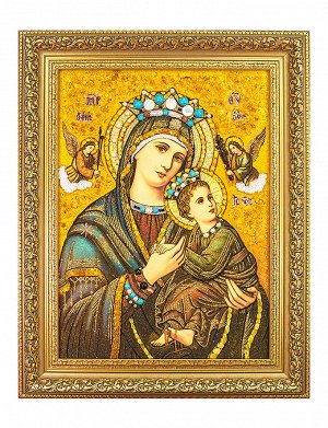 Страстная икона Божией Матери из янтаря с жемчугом и поделочными камнями