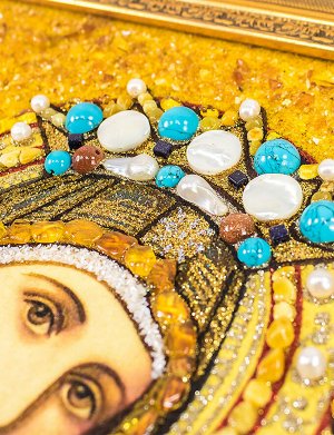 amberholl Страстная икона Божией Матери из янтаря с жемчугом и поделочными камнями