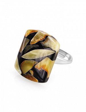 Стильное кольцо из янтарной мозаики «Далматин» чёрного цвета, 808210064
