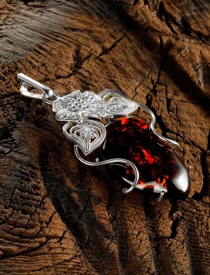 Крупная нарядная подвеска из натурального сверкающего янтаря вишнёвого цвета в серебра «Филигрань», 904507674