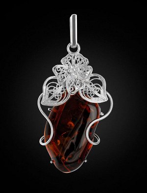 Крупная нарядная подвеска из натурального сверкающего янтаря вишнёвого цвета в серебра «Филигрань», 904507674