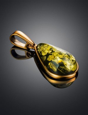 Кулон в форме капли из позолоченного серебра и зелёного янтаря «Импульс», 910210074