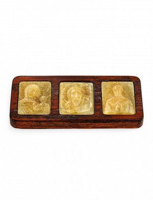 Набор из трёх резных янтарных иконок в деревянной оправе для автомобиля, 905302026