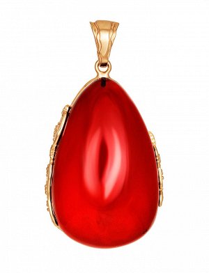 Эффектная позолоченная подвеска с натуральным янтарём красного цвета «Версаль», 910207729