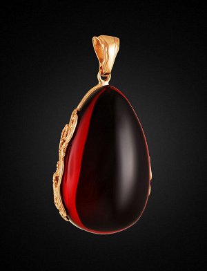Эффектная позолоченная подвеска с натуральным янтарём красного цвета «Версаль», 910207729
