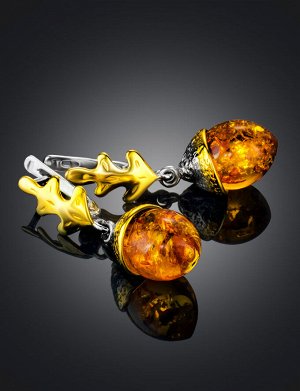 Эффектные серьги в необычном дизайне «Жёлудь» из золочённого серебра и натурального янтаря, 906505035