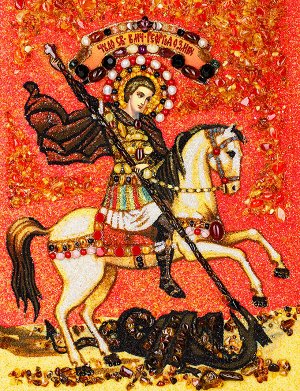 Икона из натурального янтаря, жемчуга и самоцветов «Святой Великомученик Георгий Победоносец», 706908213