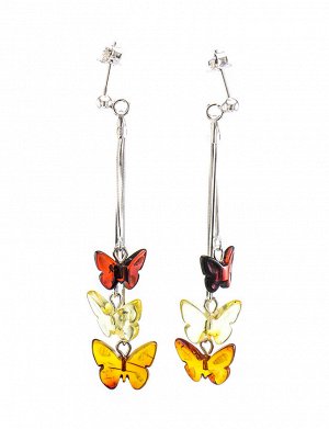 Яркие нарядные серьги из натурального янтаря и серебра «Бабочки на цепочках» из коллекции «Апрель»