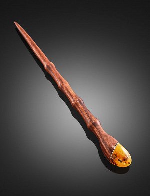 Китайская деревянная заколка-шпилька с натуральным янтарём, 810310344