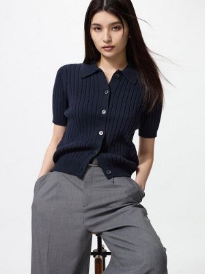 UNIQLO - женский поло-кардиган с коротким рукавом в рубчик - 69 NAVY