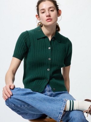 UNIQLO - женский поло-кардиган с коротким рукавом в рубчик - 55 GREEN